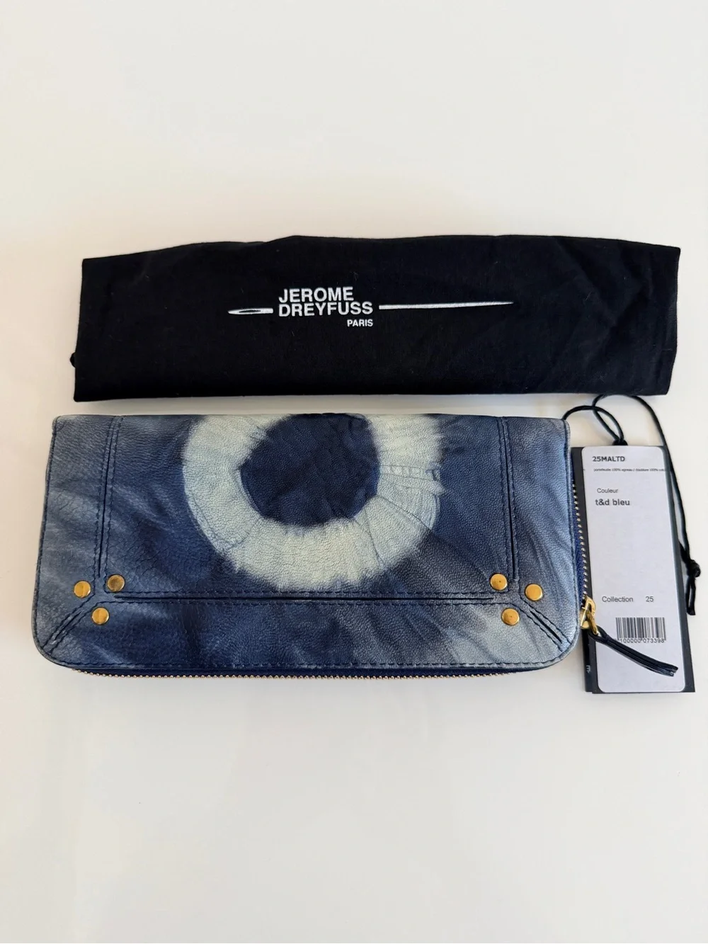 Jerome Dreyfuss Blue Tie-Dye Zip Wallet with Gold Studs